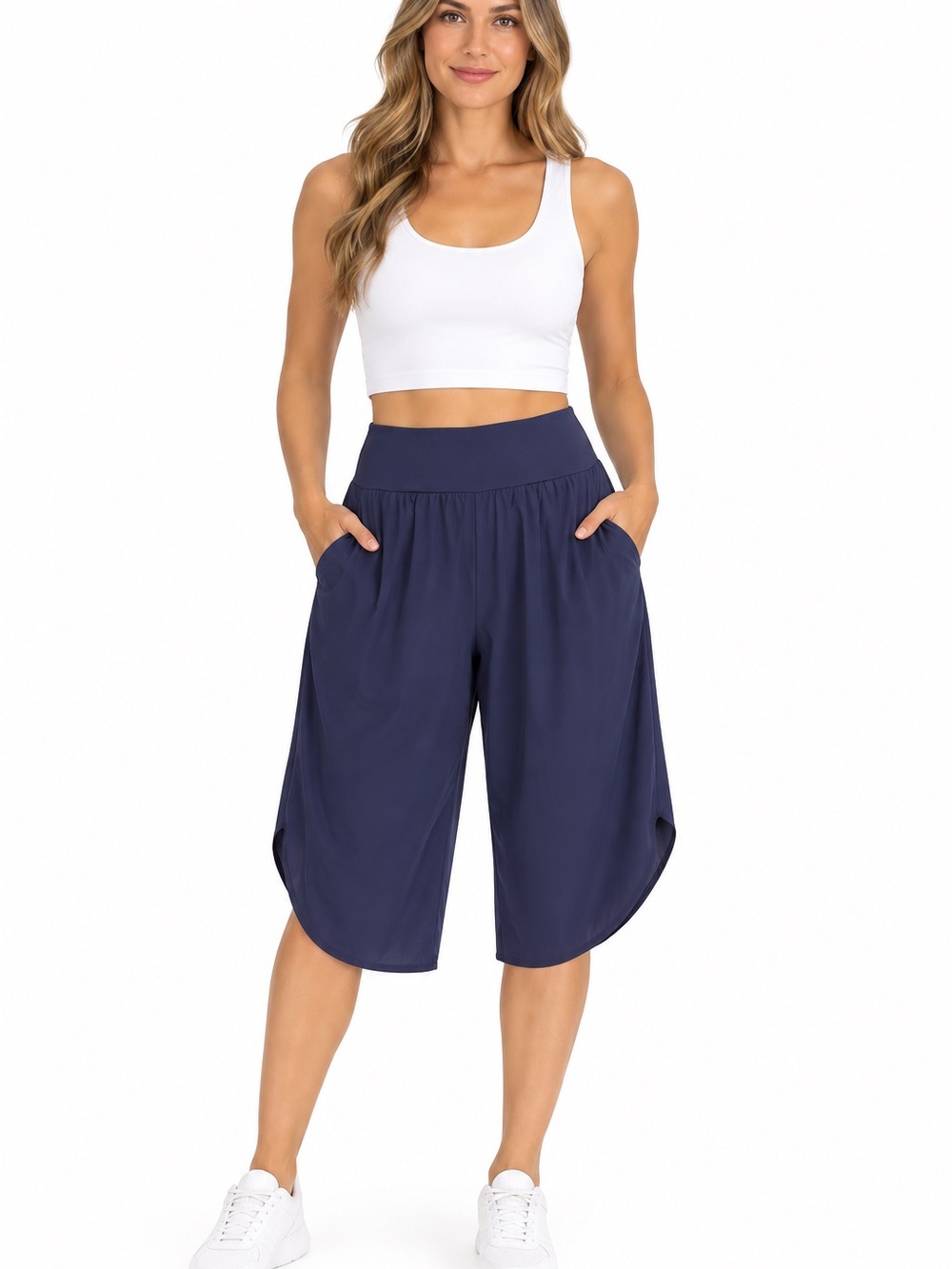 HALARA Navy Wide-Leg Cropped Capris with Pockets